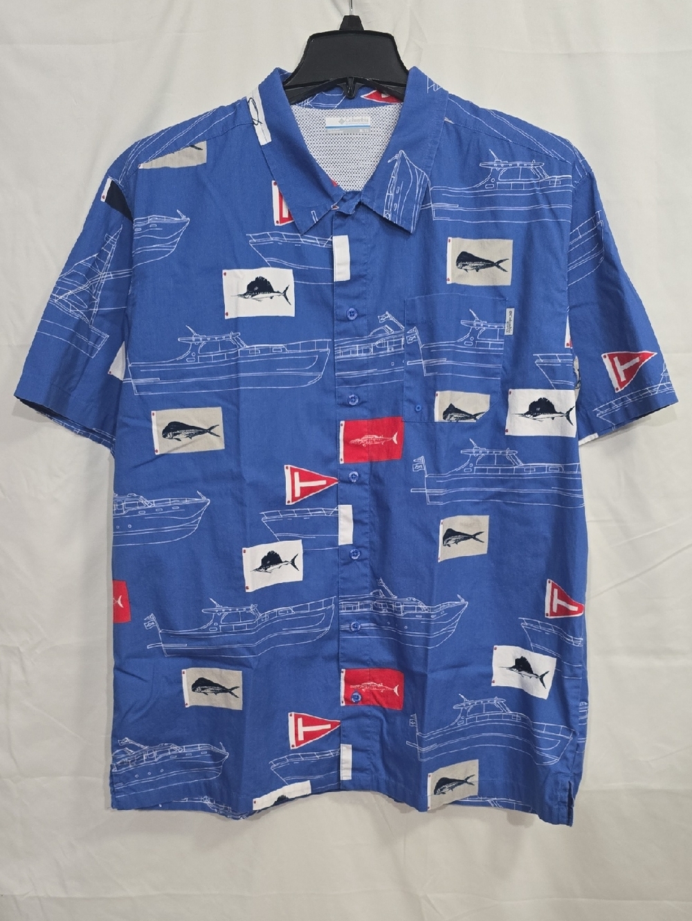 Columbia PFG Vented Blue Nautical Print Short-Sleeve Shirt Pocket